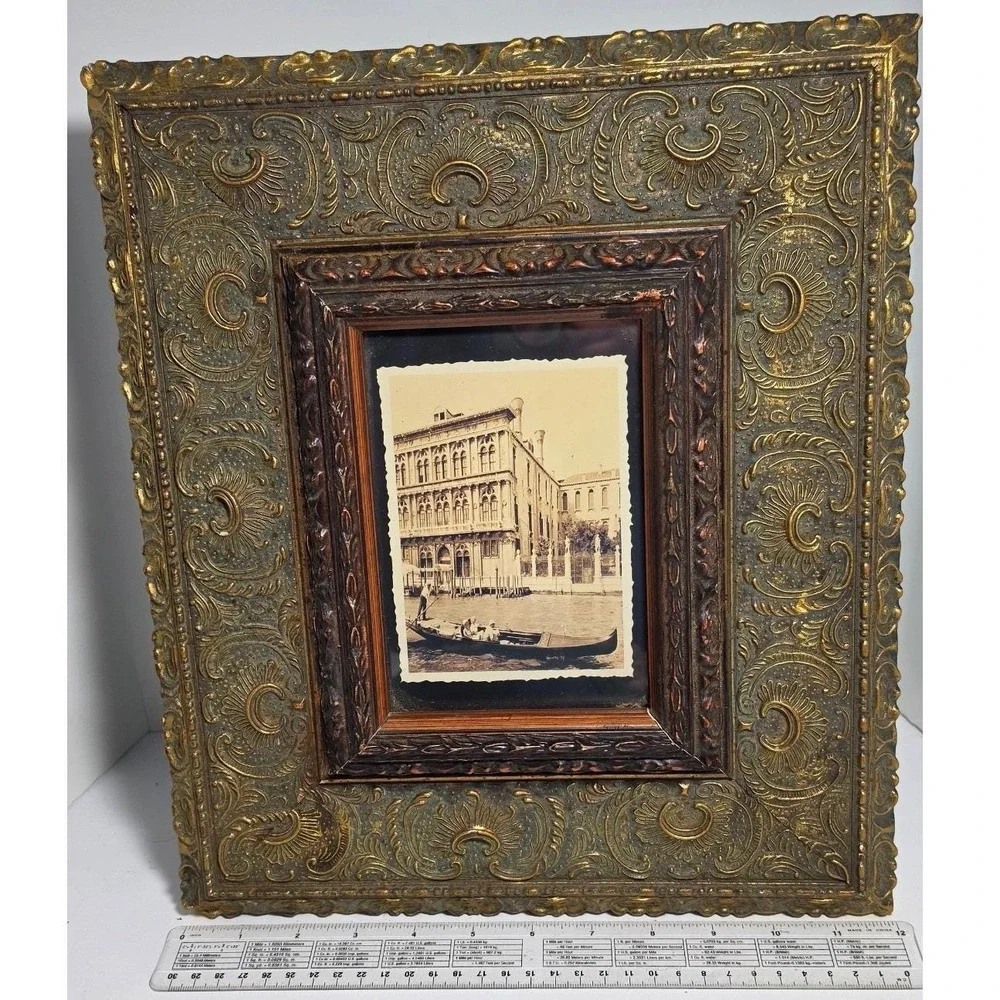Vintage Ornate Gold Tone Picture Frame Venice Gondola Photo 12x14 Heavy Solid